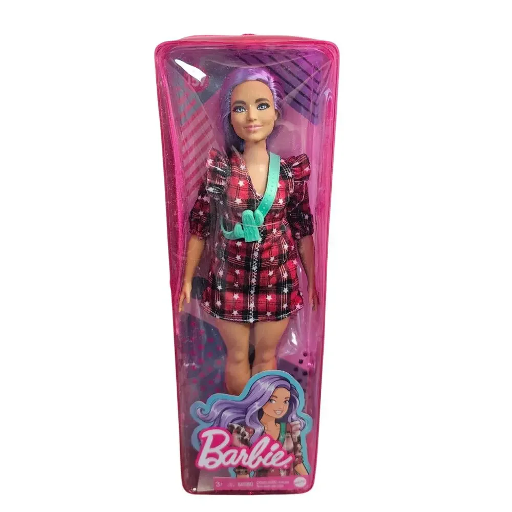 Barbie Fashionistas Doll #157 Curvy with Lavender Hair Red Plaid Dress NIB